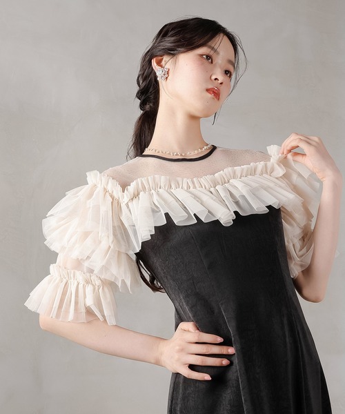 ラメドットチュール フリル ボリューム袖 ワンピース ドレス