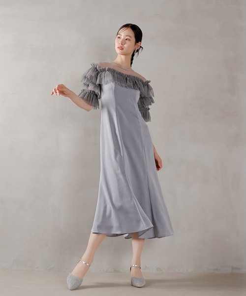 タグ付新品　Kana ラメドットチュール フリル ボリューム袖 ワンピースドレス ラメドットチュール フリル ボリューム袖 ワンピース ドレス