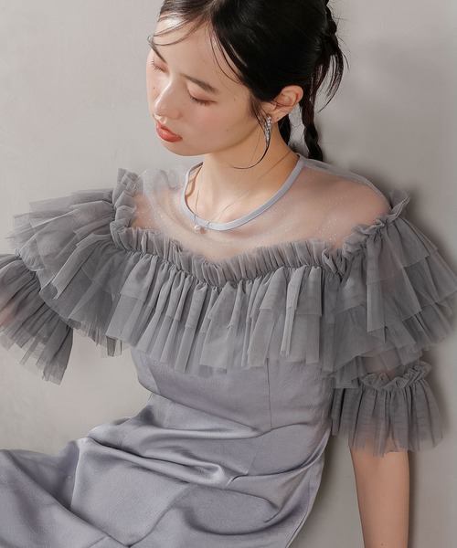 Kana(カナ)の「ラメドットチュール フリル ボリューム袖 ワンピース ドレス パーティー 結婚式 お呼ばれ オケージョン(ドレス・レディース・ピンク/ブルー系その他/ベージュ×ブラック・M)」の16枚目の写真