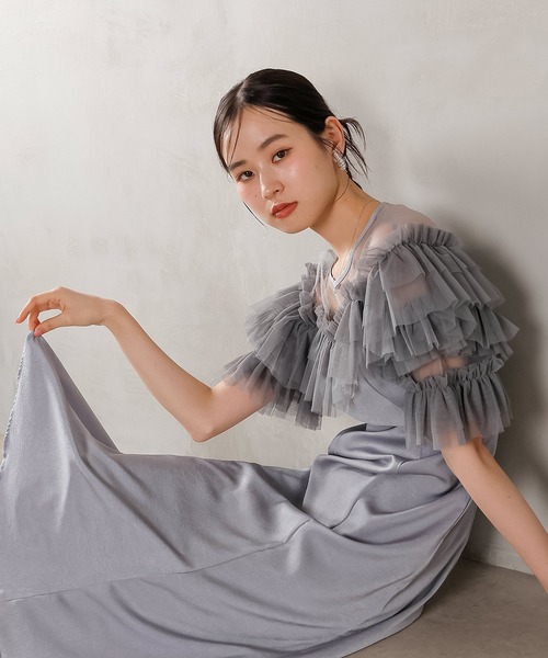 ラメドットチュール フリル ボリューム袖 ワンピース ドレス