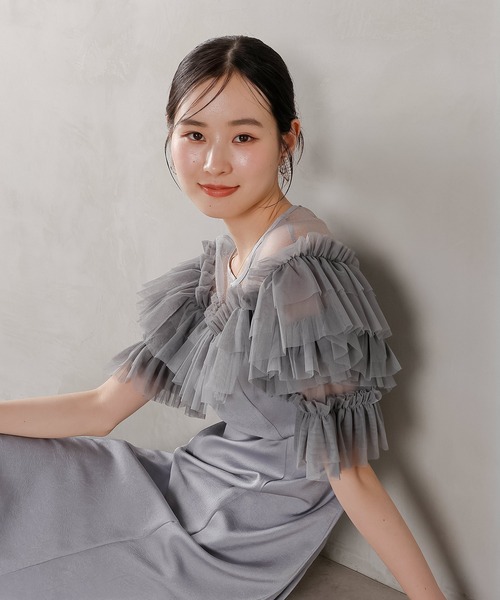 ラメドットチュール フリル ボリューム袖 ワンピース ドレス