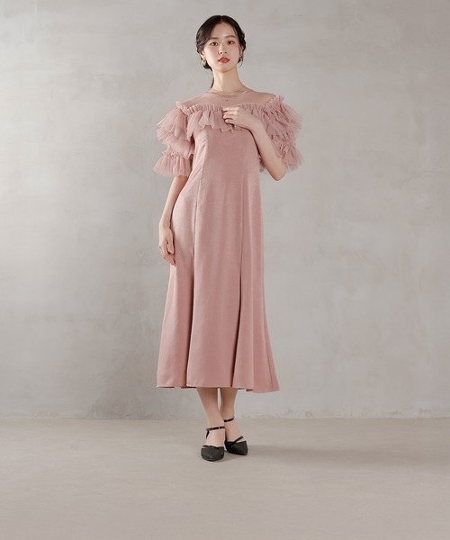 ラメドットチュール フリル ボリューム袖 ワンピース ドレス