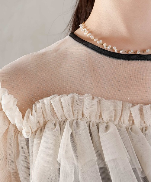 ラメドットチュール フリル ボリューム袖 ワンピース ドレス