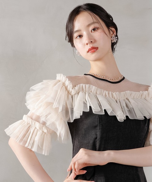 Kana(カナ)の「ラメドットチュール フリル ボリューム袖 ワンピース ドレス パーティー 結婚式 お呼ばれ オケージョン(ドレス・レディース・ピンク/ブルー系その他/ベージュ×ブラック・M)」の5枚目の写真