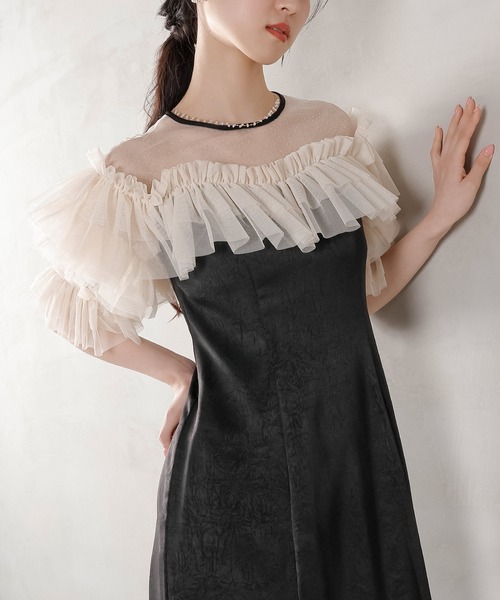 ラメドットチュール フリル ボリューム袖 ワンピース ドレス