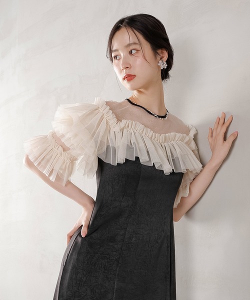 Kana(カナ)の「ラメドットチュール フリル ボリューム袖 ワンピース ドレス パーティー 結婚式 お呼ばれ オケージョン(ドレス・レディース・ピンク/ブルー系その他/ベージュ×ブラック・M)」の4枚目の写真