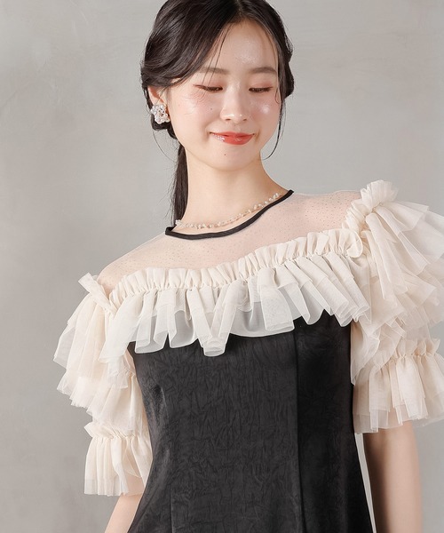 Kana(カナ)の「ラメドットチュール フリル ボリューム袖 ワンピース ドレス パーティー 結婚式 お呼ばれ オケージョン(ドレス・レディース・ピンク/ブルー系その他/ベージュ×ブラック・M)」の8枚目の写真