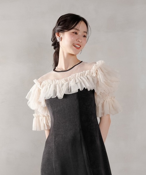 Kana(カナ)の「ラメドットチュール フリル ボリューム袖 ワンピース ドレス パーティー 結婚式 お呼ばれ オケージョン(ドレス・レディース・ピンク/ブルー系その他/ベージュ×ブラック・M)」の10枚目の写真