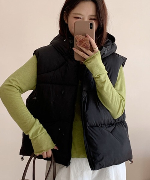 フード付きドロスト中綿ベスト（ダウンベスト）｜Girly Doll（ガーリー