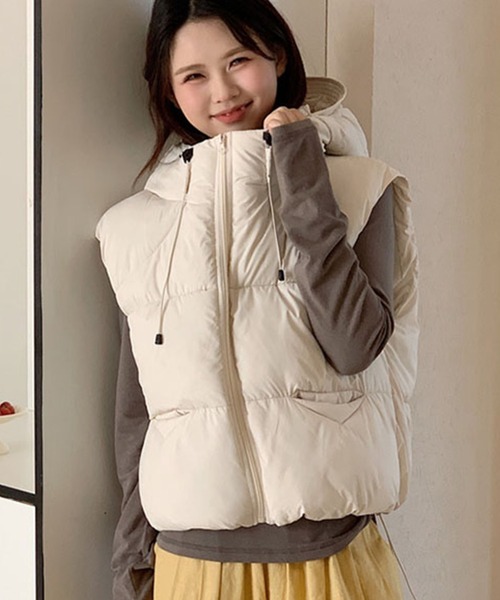 フード付きドロスト中綿ベスト（ダウンベスト）｜Girly Doll（ガーリー