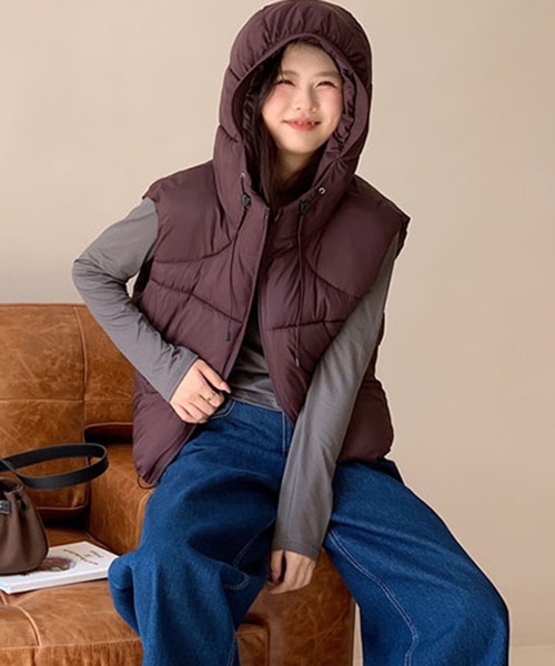 セール】フード付きドロスト中綿ベスト（ダウンベスト）｜Girly Doll
