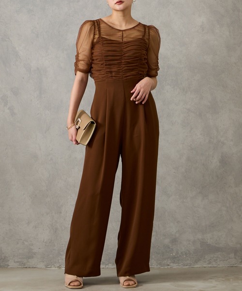 ギャザーチュールオールインワンパンツパーティードレス（パンツドレス