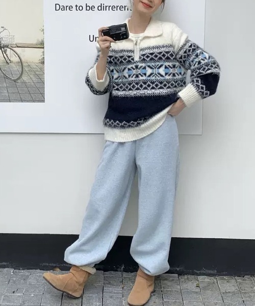 CLOTHY(クロシィ)の「【レトロムード漂うフェアアイル柄】ノルディック柄ハーフジップニットトップス(ニット/セーター・レディース・ブラウン/オフホワイト/チャコールグレー・FREE)」の4枚目の写真