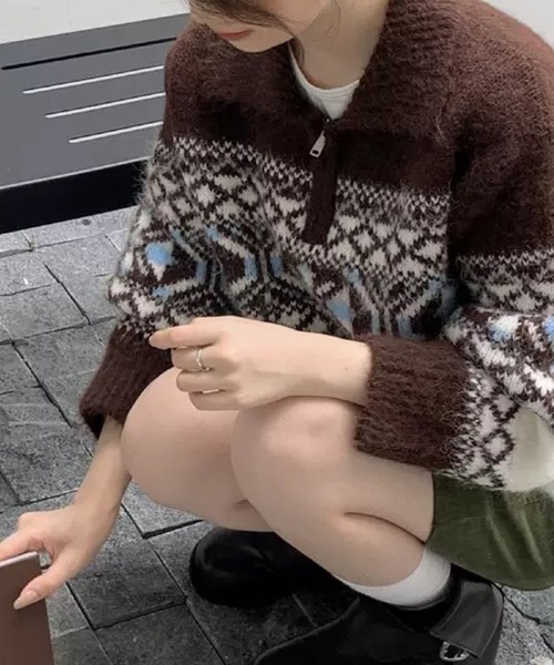 CLOTHY(クロシィ)の「【レトロムード漂うフェアアイル柄】ノルディック柄ハーフジップニットトップス(ニット/セーター・レディース・ブラウン/オフホワイト/チャコールグレー・FREE)」の7枚目の写真