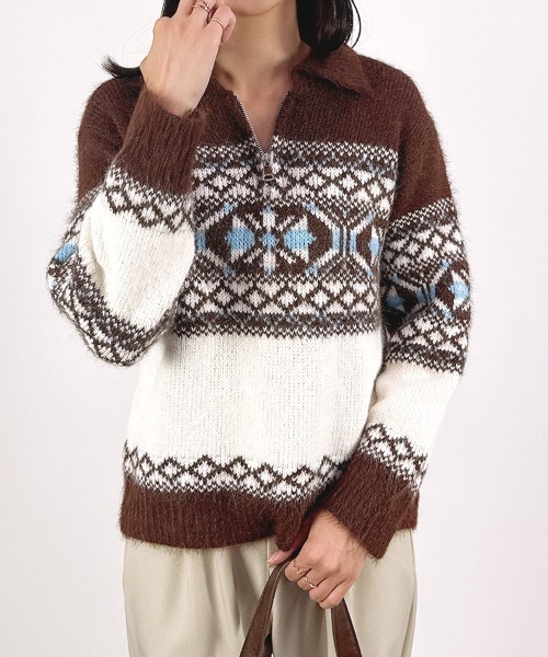 多色編み込み　ハーフジップ　ノルディック　ニット　フェアアイル柄 P セール】【レトロムード漂うフェアアイル柄】ノルディック柄ハーフ