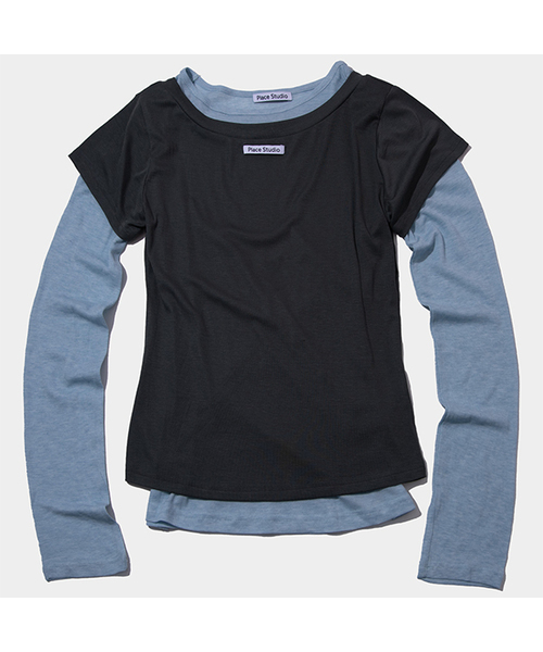 PLACE STUDIO（プレイススタジオ）の「オールインワンアシンメトリーダブル配色レイヤードロングスリーブTシャツセット_2COLOR（Tシャツ/カットソー・レディース・パープル/ブラック/チャコールグレー・FREE）」の2枚目の写真