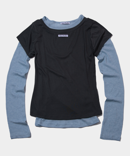 PLACE STUDIO（プレイススタジオ）の「オールインワンアシンメトリーダブル配色レイヤードロングスリーブTシャツセット_2COLOR（Tシャツ/カットソー・レディース・パープル/ブラック/チャコールグレー・FREE）」の4枚目の写真