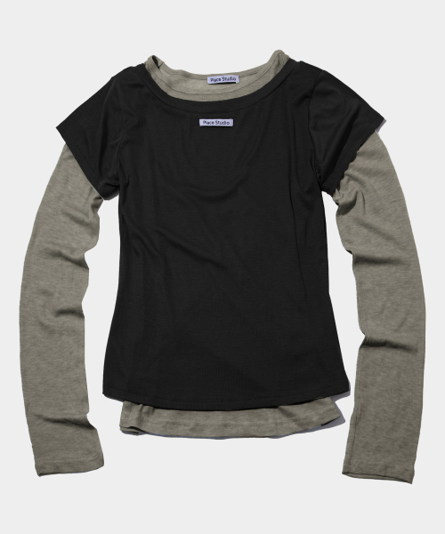 PLACE STUDIO（プレイススタジオ）の「オールインワンアシンメトリーダブル配色レイヤードロングスリーブTシャツセット_2COLOR（Tシャツ/カットソー・レディース・パープル/ブラック/チャコールグレー・FREE）」の7枚目の写真