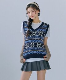 レディース Vネックパターンベスト-CFRG7373C04
