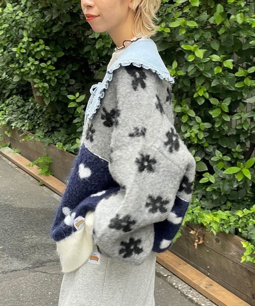 HELLO.SANFRANCISCO（ハローサンフランシスコ）の「【HELLO.SANFRANCISCO/ハローサンフランシスコ】ジャガードドッキングハート釦カーデ（カーディガン/ボレロ・レディース・パープル/ピンク/オフホワイト・ONE SIZE）」の5枚目の写真