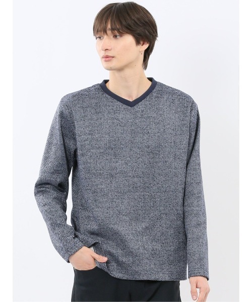 m.f.editorial(エムエフエディトリアル)の「【裏起毛】m.f.エディトリアルメンズ ヘリンボン 浅Vネック長袖Tシャツ(Tシャツ/カットソー・メンズ・グレー系その他2/ネイビー・MEDIUM/X-LARGE/LARGE)」の2枚目の写真