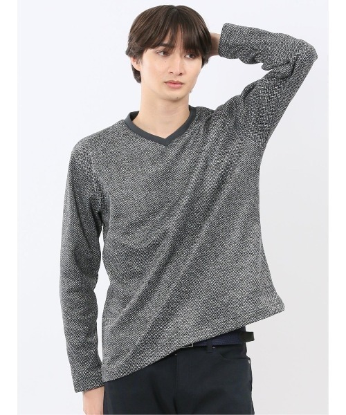 m.f.editorial(エムエフエディトリアル)の「【裏起毛】m.f.エディトリアルメンズ ヘリンボン 浅Vネック長袖Tシャツ(Tシャツ/カットソー・メンズ・グレー系その他2/ネイビー・MEDIUM/X-LARGE/LARGE)」の1枚目の写真