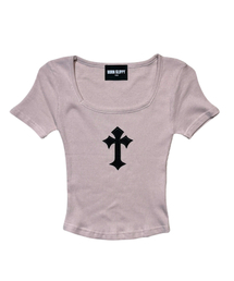 BORN SLIPPY（ボーンスリッピー）の「Cross Square Neck T-shirt (Pink)（Tシャツ/カットソー）」
