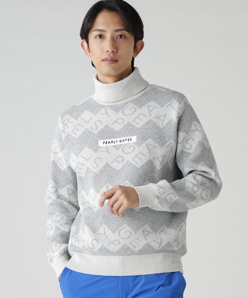 PEARLY GATES(パーリーゲイツ)の「【PEARLY GATES】ダブルJQロゴギザボーダー柄タートルニットプルオーバー(Tシャツ/カットソー・メンズ・ホワイト系その他/ダークインディゴブルー・MEDIUM/X-LARGE/LARGE)」の1枚目の写真
