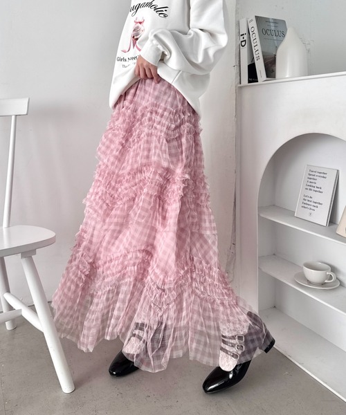 セール】ギンガムチェックフリルチュールスカート（スカート）｜Loueme