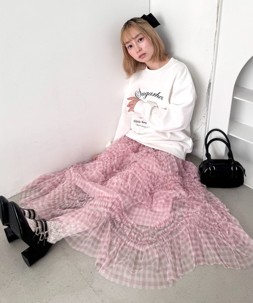 Loueme(ルエム)の「ギンガムチェックフリルチュールスカート(スカート・レディース・ピンク/ブラウン/ブルー/ブラック・FREE)」の8枚目の写真