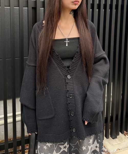 Figments（フィグメンツ）の「ダメージビッグカーディガン（カーディガン/ボレロ・レディース・ブラック・FREE）」の2枚目の写真