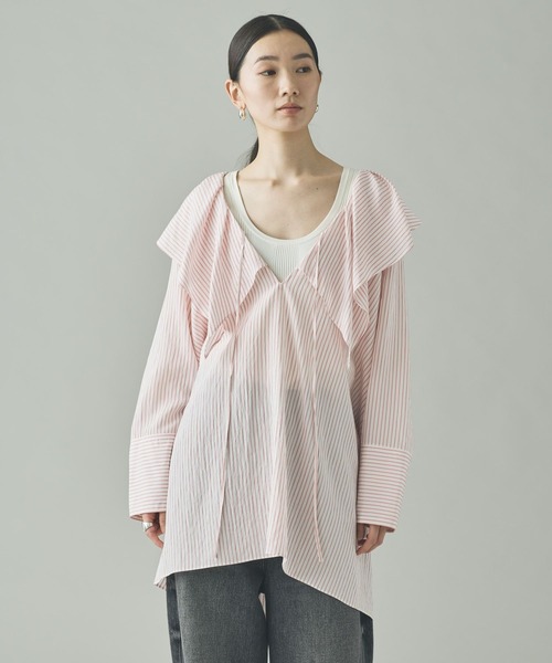 Curensology（カレンソロジー）の「Curensology(カレンソロジー)/＜C.S.G＞ストライプラッフルブラウス（シャツ/ブラウス・レディース・ブルー/ピンク/ライトピンク/サックスブルー・FREE）」の4枚目の写真