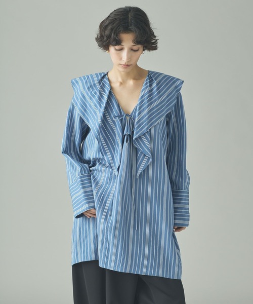 Curensology（カレンソロジー）の「Curensology(カレンソロジー)/＜C.S.G＞ストライプラッフルブラウス（シャツ/ブラウス・レディース・ブルー/ピンク/ライトピンク/サックスブルー・FREE）」の3枚目の写真