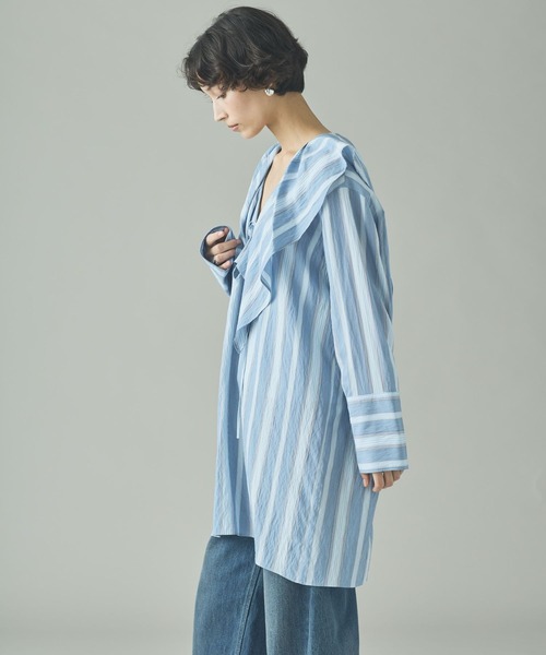 Curensology（カレンソロジー）の「Curensology(カレンソロジー)/＜C.S.G＞ストライプラッフルブラウス（シャツ/ブラウス・レディース・ブルー/ピンク/ライトピンク/サックスブルー・FREE）」の12枚目の写真