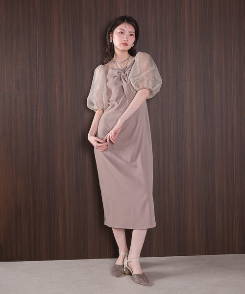 Kana（カナ）の「ラメビジュー リボンデザイン パフスリーブ Iラインワンピース ドレスパーティー 結婚式 お呼ばれ オケージョン（ドレス・レディース・ブラック/グレー系その他/ピンクベージュ・M）」の2枚目の写真