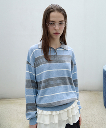 ALPACA STRIPE COLLAR KNIT BLUE