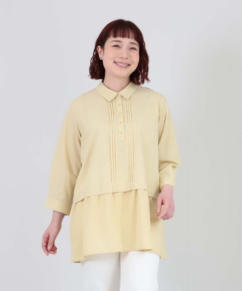 MB mint breeze(エムビーミントブリーズ)の「【L~5L 大きいサイズ】異素材切替えシャツチュニック(チュニック・レディース・グリーン/ネイビー・4L/3L/LL/5L)」の1枚目の写真