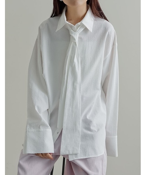 Re:EDIT（リエディ）の「[2026S/S PRE ORDER]ボウタイビッグリボンサッカーストライプシャツ（シャツ/ブラウス・レディース・ホワイト/ミント/ライトブルー・LARGE/MEDIUM）」の2枚目の写真