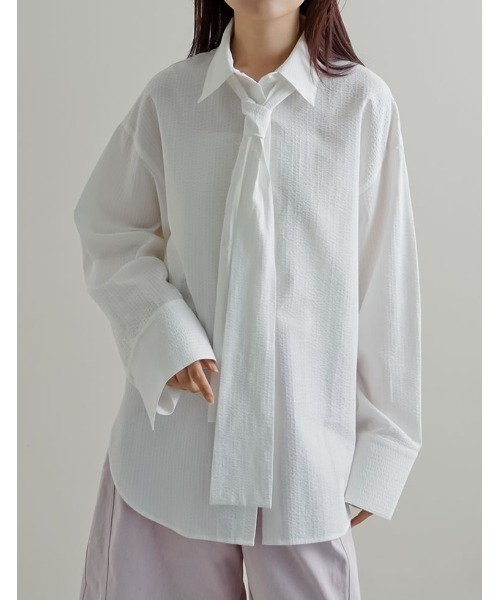 Re:EDIT（リエディ）の「[2026S/S PRE ORDER]ボウタイビッグリボンサッカーストライプシャツ（シャツ/ブラウス・レディース・ホワイト/ミント/ライトブルー・LARGE/MEDIUM）」の5枚目の写真