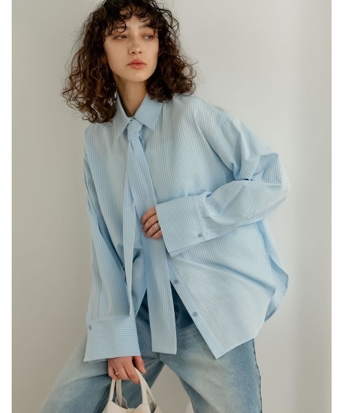 Re:EDIT（リエディ）の「[2026S/S PRE ORDER]ボウタイビッグリボンサッカーストライプシャツ（シャツ/ブラウス・レディース・ホワイト/ミント/ライトブルー・LARGE/MEDIUM）」の15枚目の写真