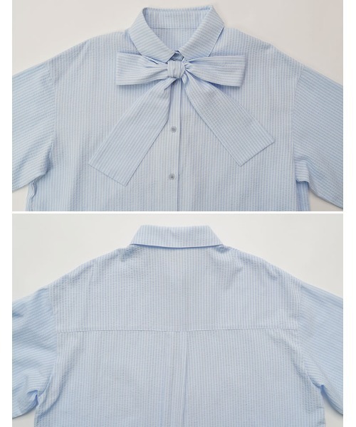 Re:EDIT（リエディ）の「[2026S/S PRE ORDER]ボウタイビッグリボンサッカーストライプシャツ（シャツ/ブラウス・レディース・ホワイト/ミント/ライトブルー・LARGE/MEDIUM）」の18枚目の写真