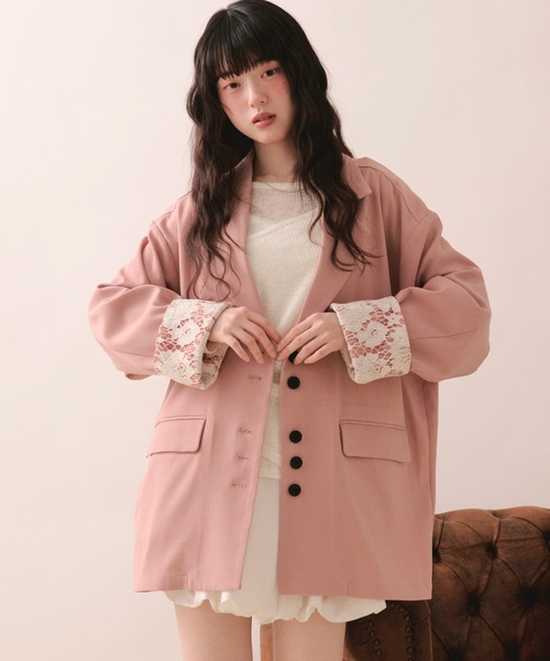 loin nuit（ロワンニュイ）の「nuance button lace jacket / ニュアンスボタンレースジャケット（テーラードジャケット・レディース・ピンク/サンドベージュ/グレー/ブルーグレー・FREE）」の4枚目の写真