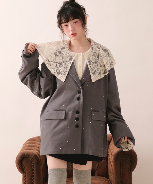 loin nuit（ロワンニュイ）の「nuance button lace jacket / ニュアンスボタンレースジャケット（テーラードジャケット・レディース・ピンク/サンドベージュ/グレー/ブルーグレー・FREE）」の5枚目の写真