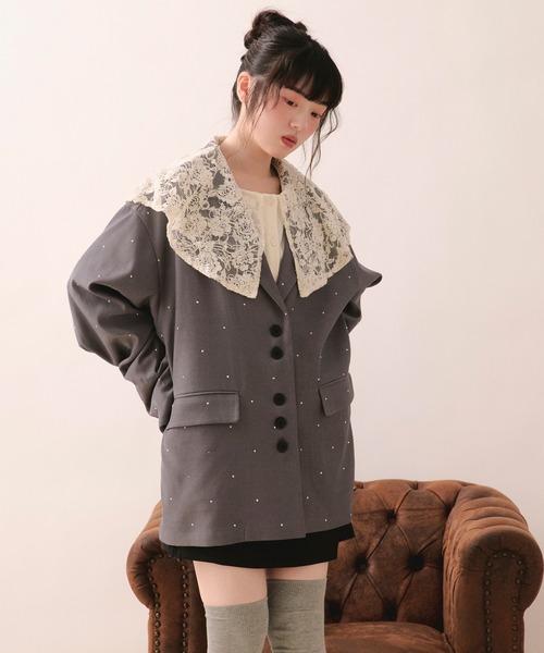 loin nuit（ロワンニュイ）の「nuance button lace jacket / ニュアンスボタンレースジャケット（テーラードジャケット・レディース・ピンク/サンドベージュ/グレー/ブルーグレー・FREE）」の7枚目の写真