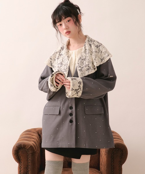 loin nuit（ロワンニュイ）の「nuance button lace jacket / ニュアンスボタンレースジャケット（テーラードジャケット・レディース・ピンク/サンドベージュ/グレー/ブルーグレー・FREE）」の10枚目の写真