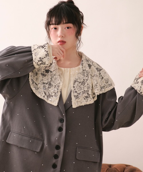 loin nuit（ロワンニュイ）の「nuance button lace jacket / ニュアンスボタンレースジャケット（テーラードジャケット・レディース・ピンク/サンドベージュ/グレー/ブルーグレー・FREE）」の8枚目の写真