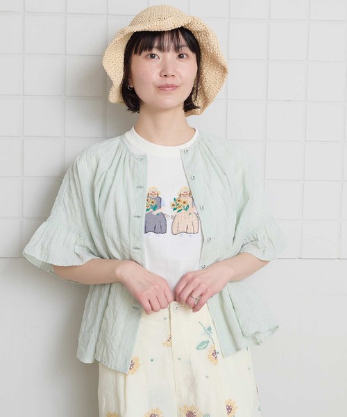 l'atelier du savon(アトリエドサボン)の「ひまわりおばあちゃん アップリケ刺繍Tシャツ(Tシャツ/カットソー・レディース・ネイビー/ホワイト・FREE)」の9枚目の写真