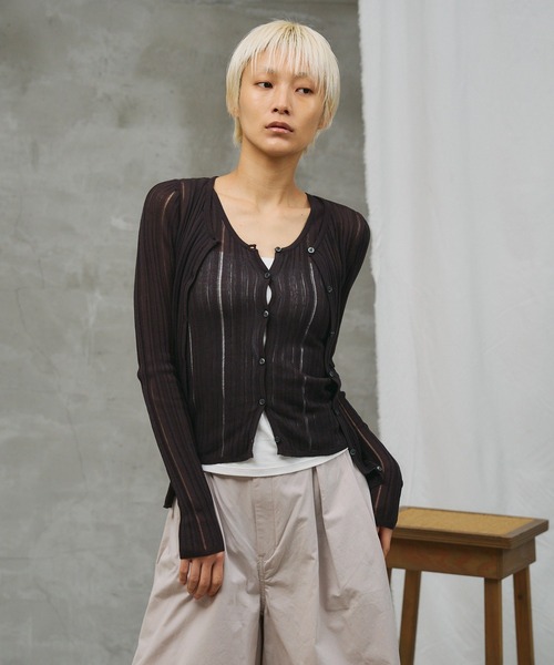 paradigm（パラダイム）の「【paradigm】コットンモダール針抜シアーリブカーデ（カーディガン/ボレロ・レディース・ブラック/ホワイト/ライトグレー/ピンク/チャコールグレー・SMALL/MEDIUM）」の4枚目の写真