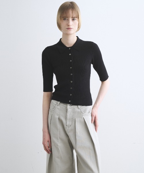 three dots(スリードッツ)の「サンディコットン ハーフスリーブポロ(ポロシャツ・レディース・ブラック/ピンク系その他/ベージュ/ブルー・S/M)」の1枚目の写真