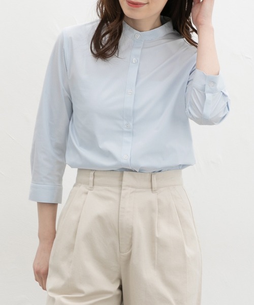 Honeys(ハニーズ)の「【らくらくアイロン】らくらく7分袖マオカラーシャツ(シャツ/ブラウス・レディース・ホワイト/ピンク系その他2/スカイブルー系1/ホワイト系その他2・S/M/L/LL/3L)」の3枚目の写真
